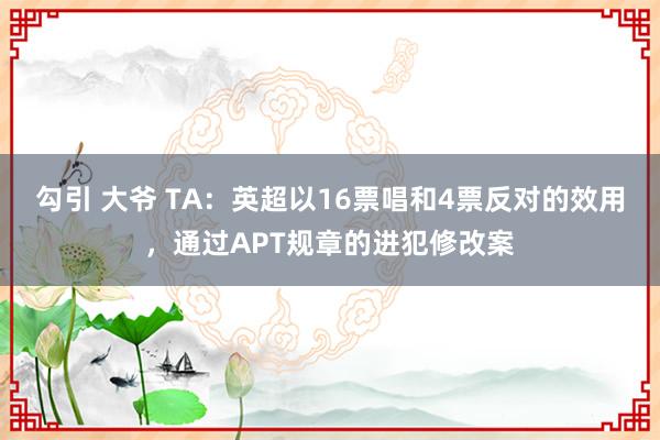 勾引 大爷 TA：英超以16票唱和4票反对的效用，通过APT规章的进犯修改案